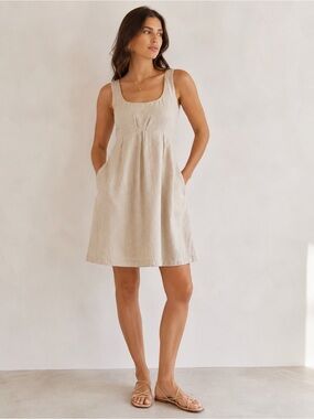 Covet Beige Linen Blend Sleeveless Empire Waist Open Back Dress Size 6